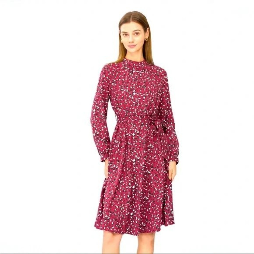 Cupshe Womens Burgundy Leopard Print Long Sleeve Midi Dress Belted‎  M
